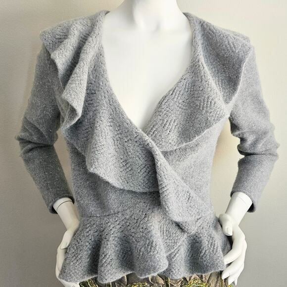 Y2k Wrap Cardigan Lambswool Angora Pointelle Cozy Warm Boho Whimsy Ruffle Size L - Picture 1 of 11